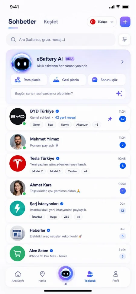 eBattery Topluluk uygulama ekranı