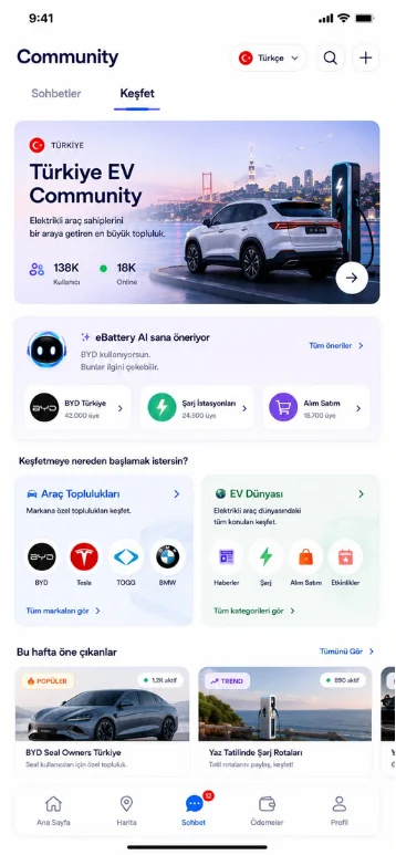 eBattery topluluk keşif ekranı