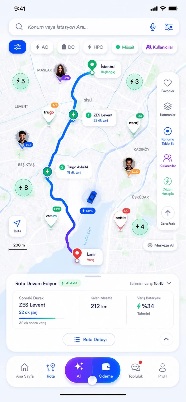 eBattery harita ve rota ekranı